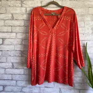 Lucky Brand V neck Orange Tan 3/4 Sleeve Floral Top Plus Size 2X